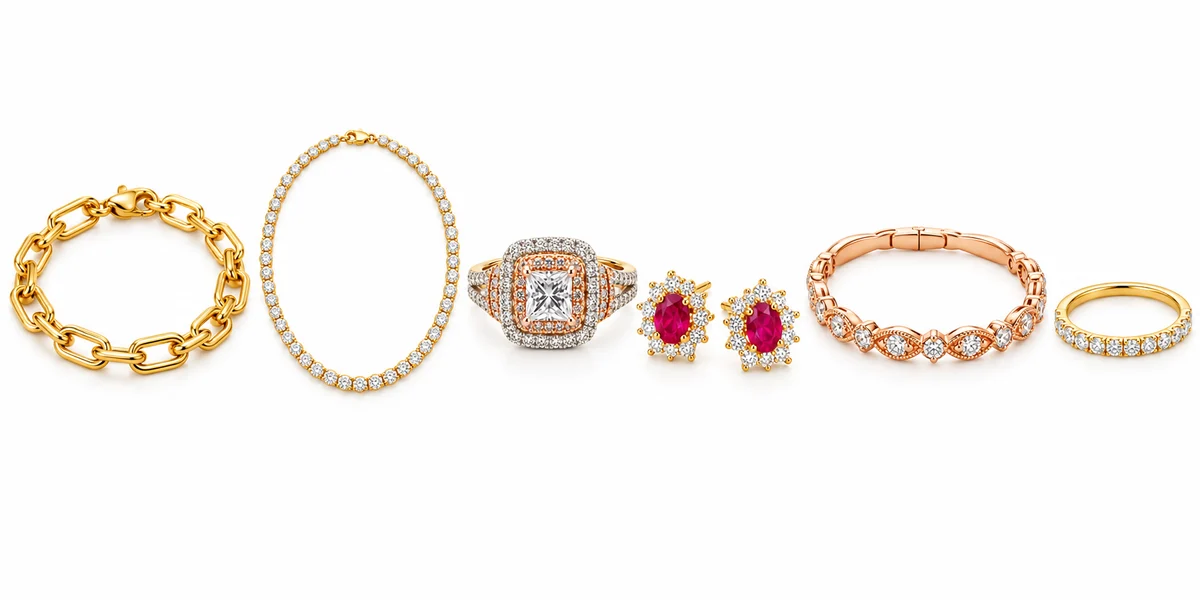 Yellow gold, white metal and diamond jewelry, including rings, earrings and bracelets