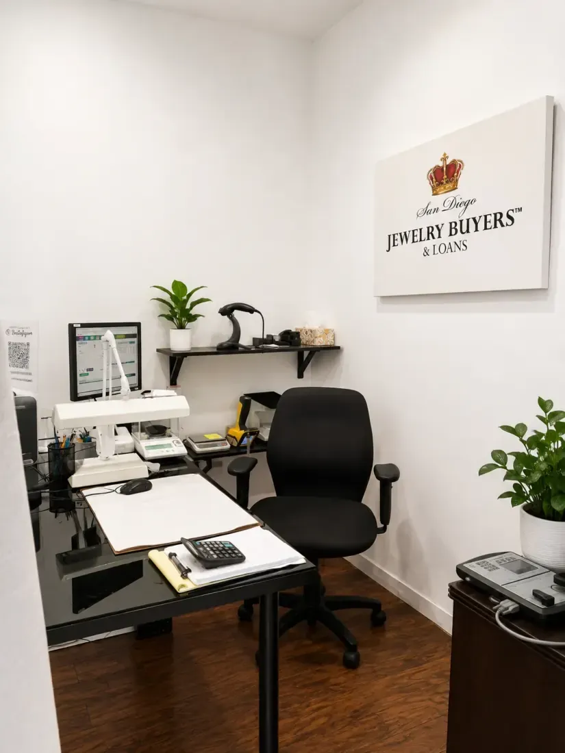The private appraisal office desk with the San Diego Jewelry Buyers logo