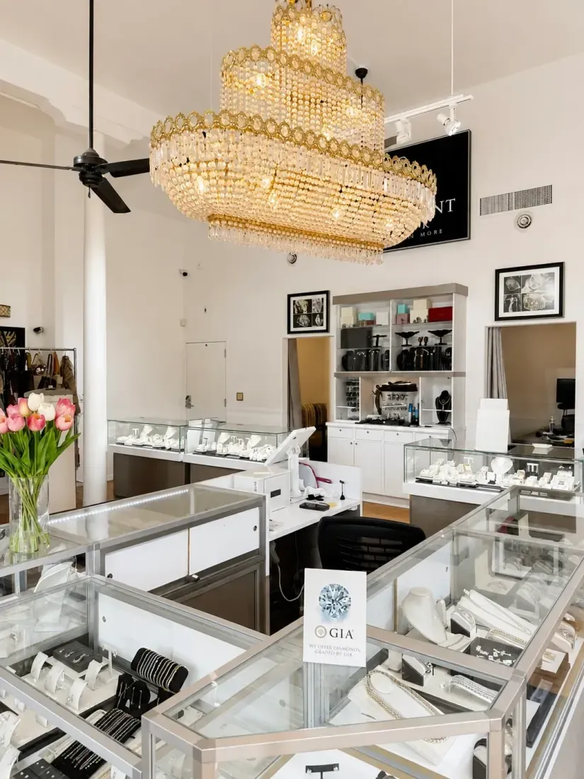 Showroom display cases beside the GIA certification sign