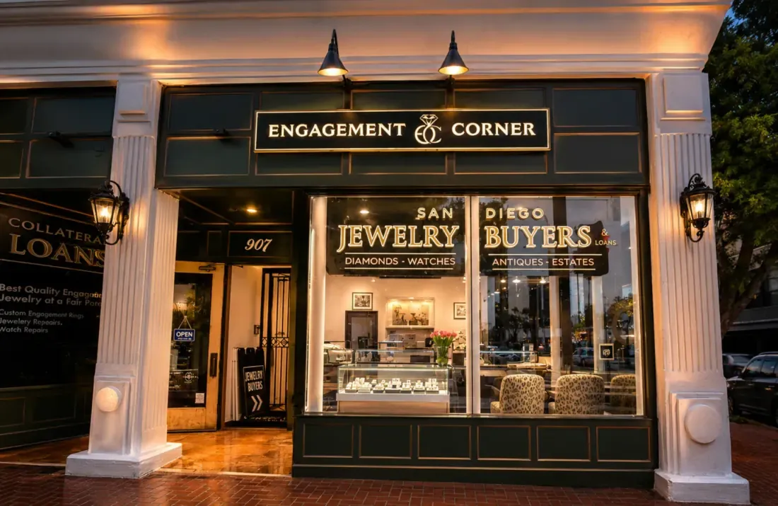 The San Diego Jewelry Buyers storefront lit at night